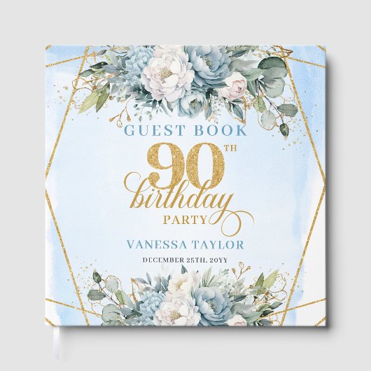 Whimsical Gold Frame Dusty Blue Flowers 90th  ゲストブック (正面)
