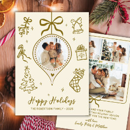 Whimsical Gold Hand Drawn Photo Christmas Happy シーズンカード