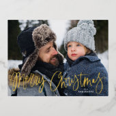 Whimsical Gold Script Merry Christmas 2 写真 箔シーズンポストカード (正面)