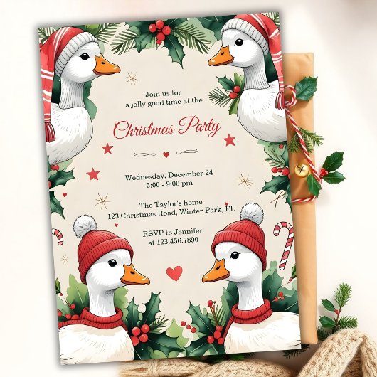 Whimsical Goose Cozy Winter Christmas Party 招待状