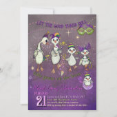 Whimsical Goose Family Mardi Gras Purple Yellow 招待状 (正面)