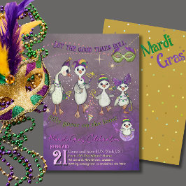 Whimsical Goose Family Mardi Gras Purple Yellow 招待状