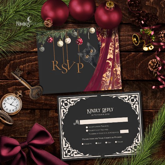 Whimsical Gothic Black Cat Holiday Party RSVP Card エンクロージャーカード