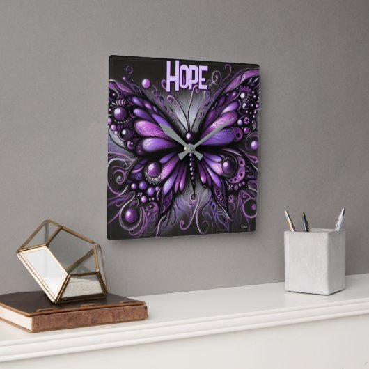 Whimsical Gothic Butterfly Purple Personalized スクエア壁時計 (オフィス)