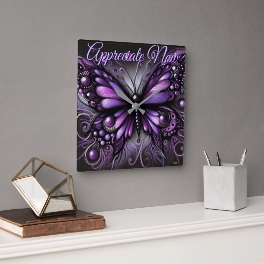 Whimsical Gothic Butterfly Purple Personalized スクエア壁時計 (オフィス)
