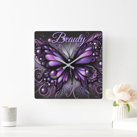 Whimsical Gothic Butterfly Purple Personalized スクエア壁時計 (ホーム)