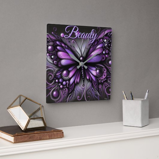 Whimsical Gothic Butterfly Purple Personalized スクエア壁時計 (オフィス)