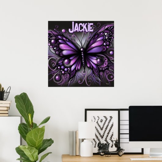 Whimsical Gothic Butterfly Purple Personalized ポスター (ホームオフィス)
