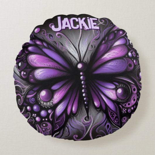 Whimsical Gothic Butterfly Purple Personalized ラウンドクッション (正面)