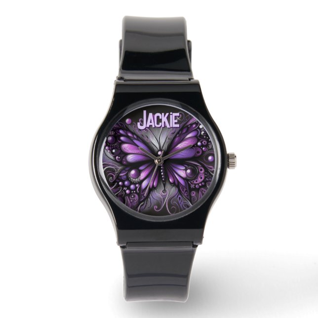 Whimsical Gothic Butterfly Purple Personalized 腕時計 (正面)