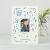 Whimsical Grad Party Photo Doodle Invitation Blue 招待状 (スタンド正面)