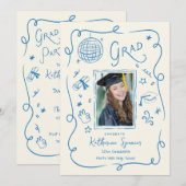 Whimsical Grad Party Photo Doodle Invitation Blue 招待状 (正面/裏面)