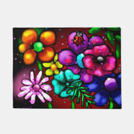 Whimsical Graffiti-Style Floral Flowers Ladybug ドアマット