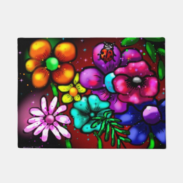 Whimsical Graffiti-Style Floral Flowers Ladybug ドアマット (正面)