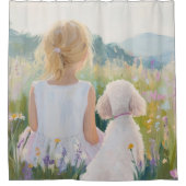 Whimsical Grand Millennial Girl and Dog Art シャワーカーテン (正面)