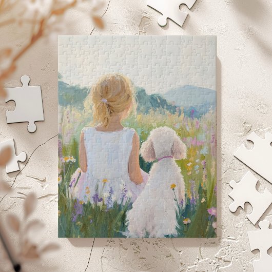 Whimsical Grand Millennial Girl and Dog Art Print ジグソーパズル