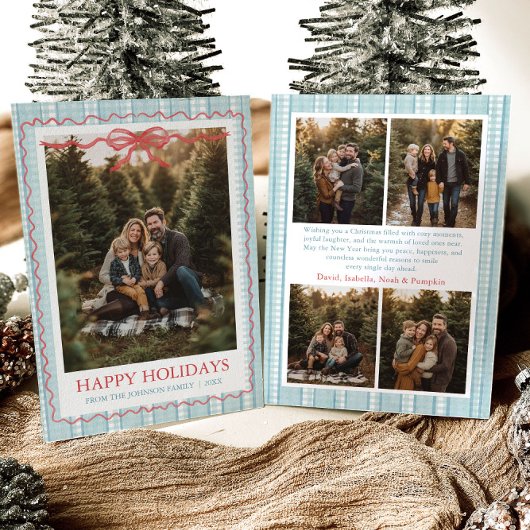 Whimsical Grandmillenial Blue Bow Family Photo シーズンカード