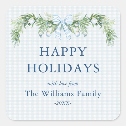 Whimsical Grandmillenial Gingham Blue Bow Garland  スクエアシール (正面)