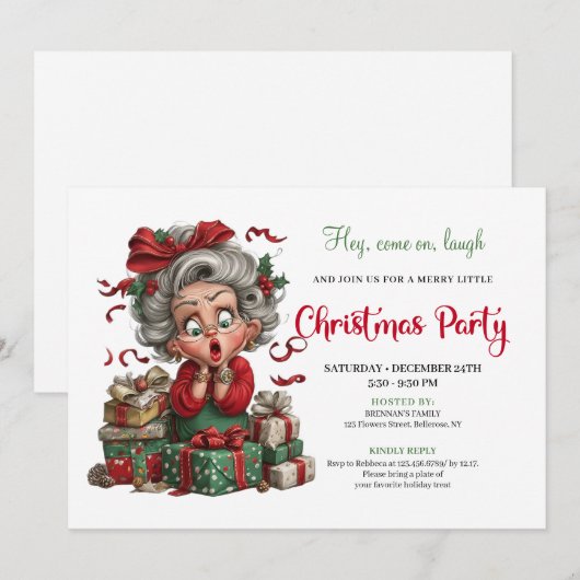 Whimsical Granny Holiday Cheer Xmas Party Invite 招待状 (正面/裏面)