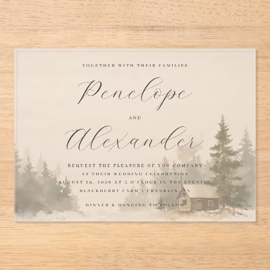 Whimsical Gray Watercolor Winter Cabin アクリル招待状 (正面)