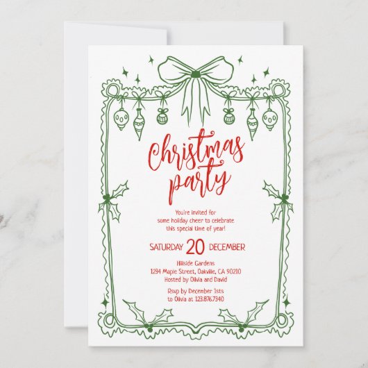 Whimsical Green and Red Hand Drawn Christmas Party 招待状 (正面)