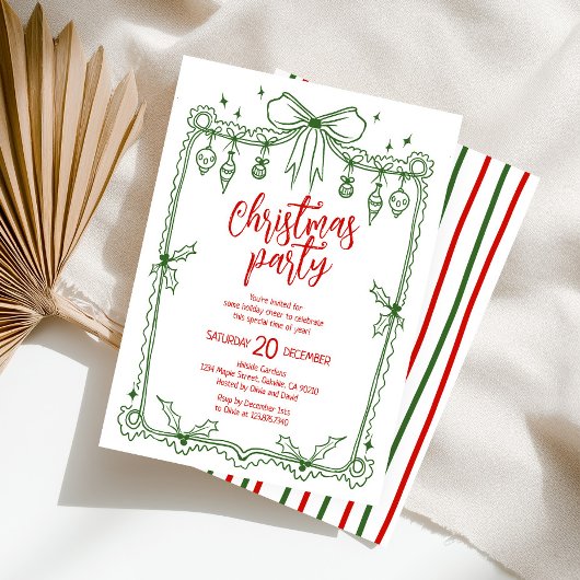 Whimsical Green and Red Hand Drawn Christmas Party 招待状
