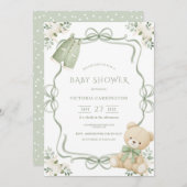 Whimsical Green Frame Vintage Bear  招待状 (正面/裏面)
