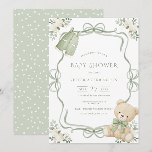 Whimsical Green Frame Vintage Bear  招待状 (正面/裏面)