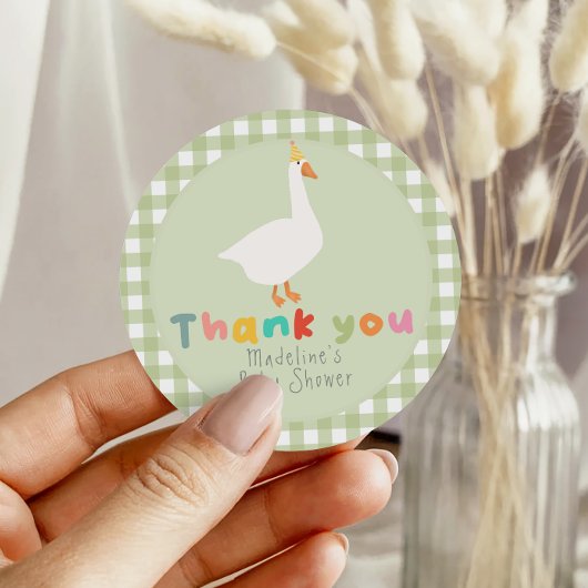 Whimsical Green Gingham Silly Goose Baby Shower ラウンドシール