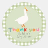Whimsical Green Gingham Silly Goose Baby Shower ラウンドシール (正面)