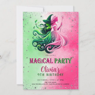 Whimsical Green & Pink Witch birthday 招待状