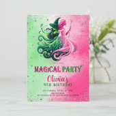 Whimsical Green & Pink Witch birthday 招待状 (スタンド正面)
