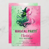 Whimsical Green & Pink Witch birthday 招待状 (正面/裏面)