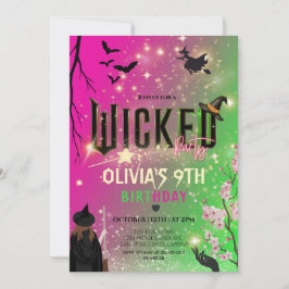 Whimsical Green & Pink Witch girl birthday Invitat 招待状