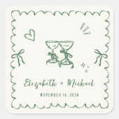 Whimsical Green Wavy Frame Cream Wedding スクエアシール (正面)
