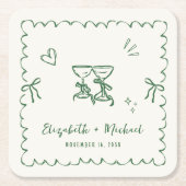 Whimsical Green Wavy Frame Cream Wedding スクエアペーパーコースター (正面)