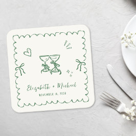 Whimsical Green Wavy Frame Cream Wedding スクエアペーパーコースター