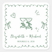 Whimsical Green Wavy Frame Wedding スクエアシール (正面)