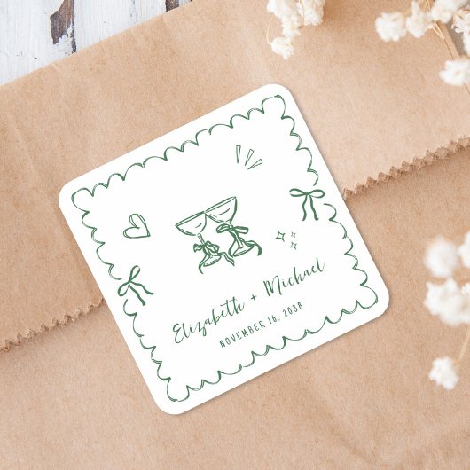 Whimsical Green Wavy Frame Wedding スクエアシール