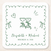 Whimsical Green Wavy Frame Wedding スクエアペーパーコースター (正面)