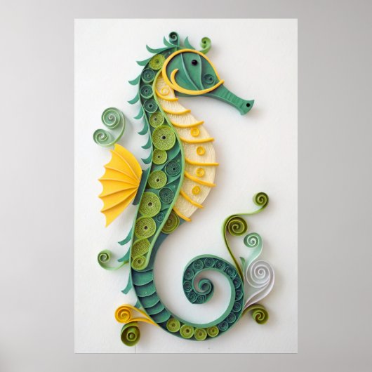 Whimsical Green & Yellow Quilled Seahorse Sculptur ポスター (正面)