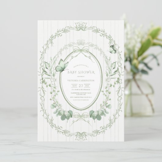 Whimsical Greenery Frame Vintage Baby Shower 招待状 (スタンド正面)