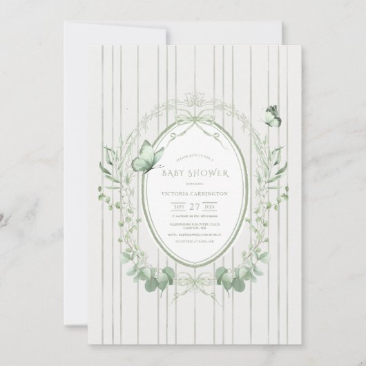 Whimsical Greenery Vintage Baby Shower 招待状 (正面)