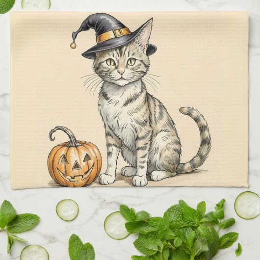 Whimsical Halloween Kitten Kitchen Towel, Fall Cat キッチンタオル (折り畳み)