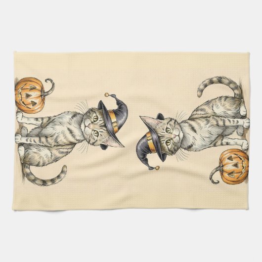 Whimsical Halloween Kitten Kitchen Towel, Fall Cat キッチンタオル (横)