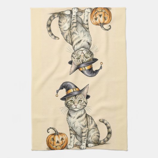 Whimsical Halloween Kitten Kitchen Towel, Fall Cat キッチンタオル (縦)