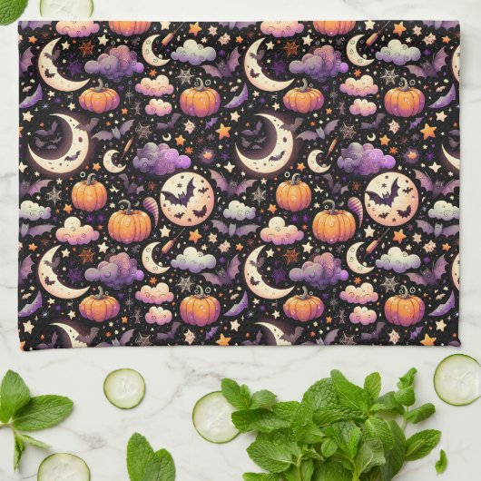Whimsical Halloween Night Sky Pattern キッチンタオル (折り畳み)