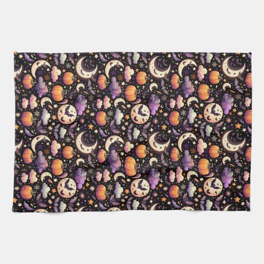 Whimsical Halloween Night Sky Pattern キッチンタオル (横)