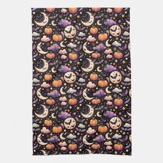 Whimsical Halloween Night Sky Pattern キッチンタオル (縦)