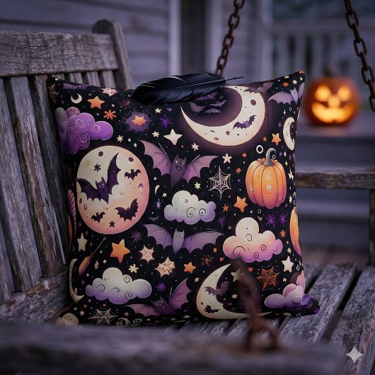 Whimsical Halloween Night Sky Pattern クッション